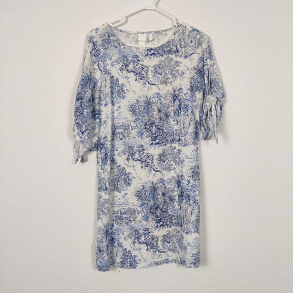 H&M Women's Blue and White Cut Out Sleeve Bohemian Midi Dress Size 2 Linen